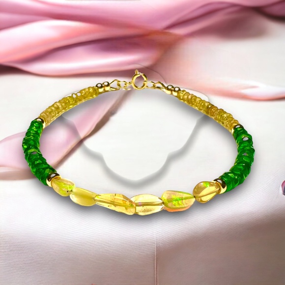 18K Solid Gold Bracelet | 15.5 Carats Natural Welo Opals & Untreated Tourmaline - Picture 5 of 12